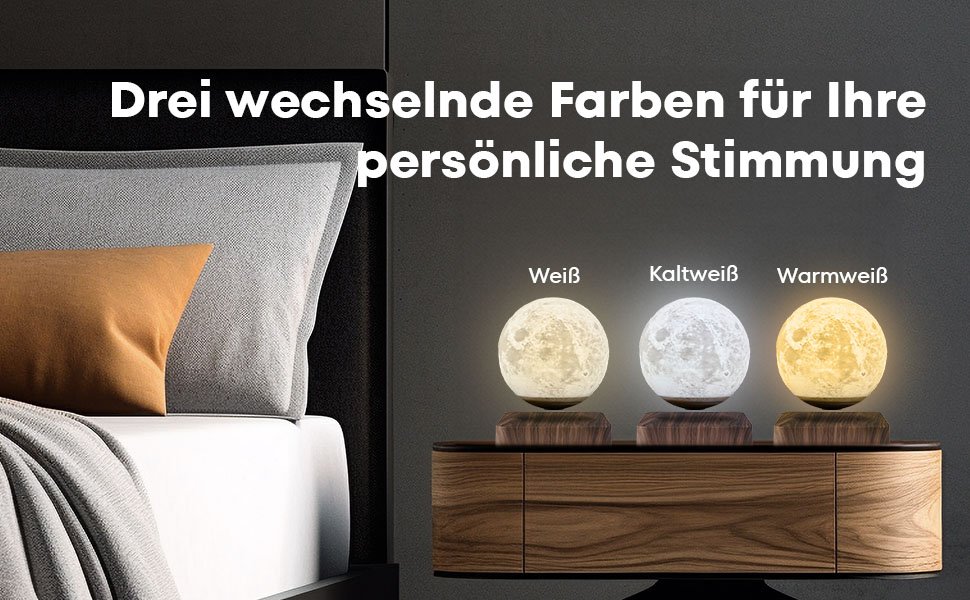Schwebende Mondlampe in drei Lichtfarben auf dunkelbraunem Sockel: weiß, kaltweiß und warmweiß