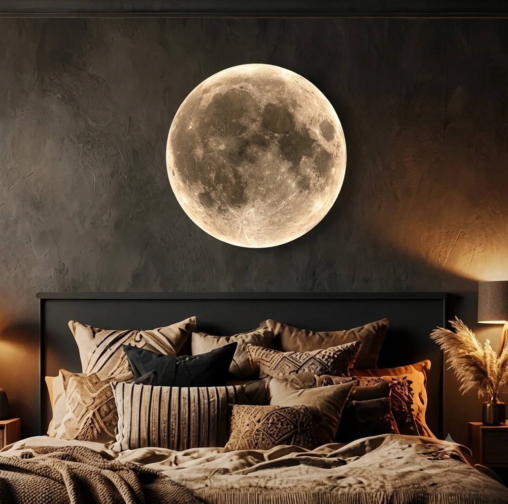 LED Mondlampe Wandleuchte im Schlafzimmer atmosphärisch beleuchtet