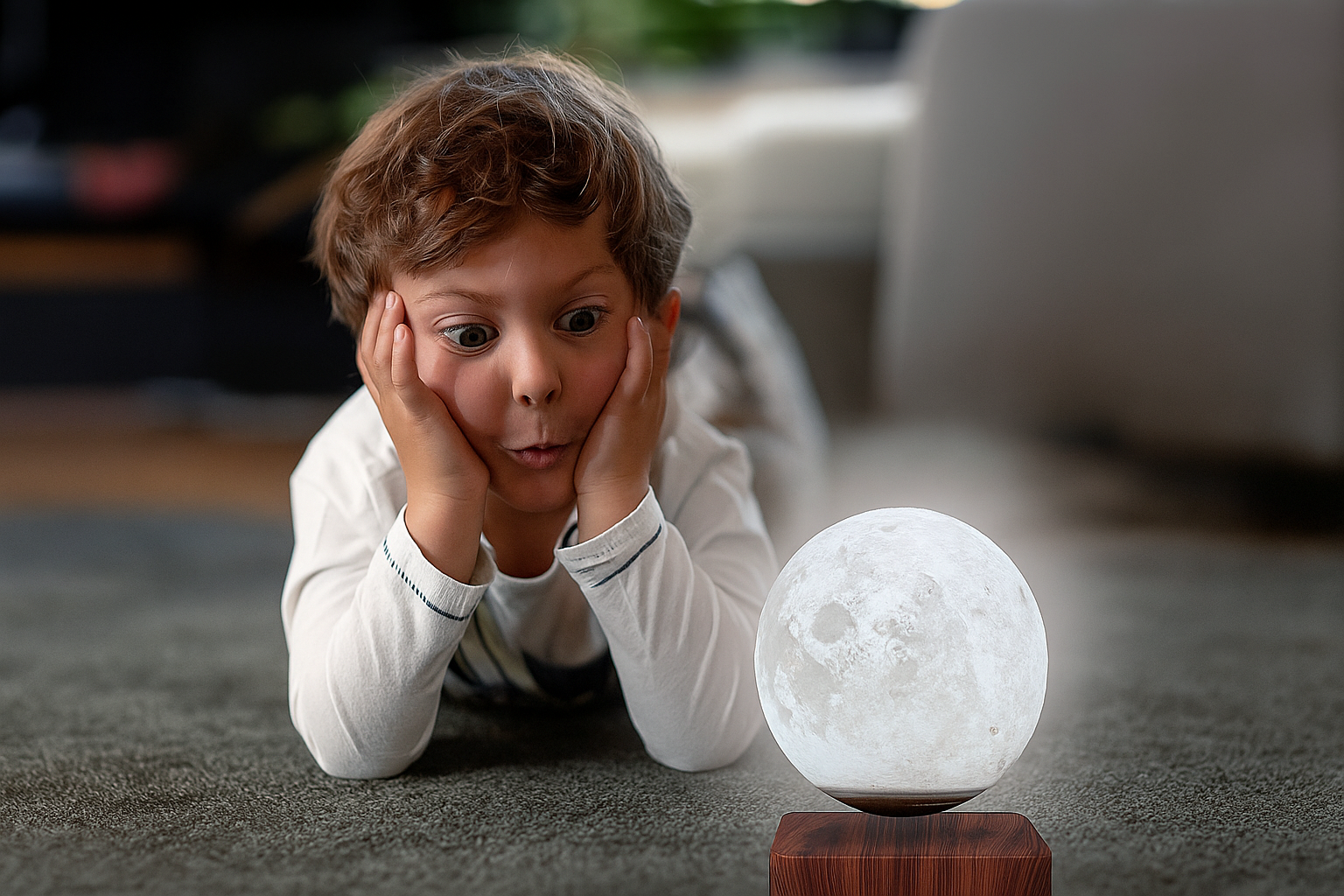 Kind schaut staunend auf eine schwebende Mondlampe von MAGLE