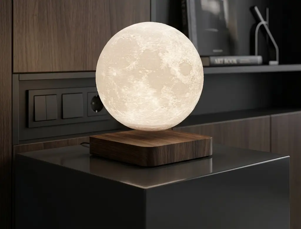 Schwebende Mondlampe mit dunkelbraunem Sockel im Wohnzimmer, magnetisch schwebend von MAGLE